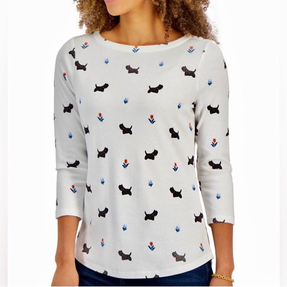 CHARTER CLUB WOMEN'S SIZE S AND M 3/4 SLEEVES GRAPHIC DOGS AND FLOWERS BOAT NECK